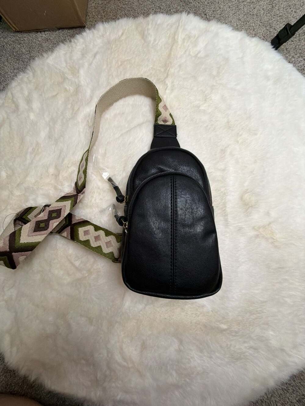 Kohl's Black Vegan Leather Sling Backpack with Geometric Pattern Strap